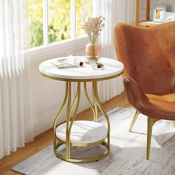 Round Side Table White Gold End Table 2-Tier End Table Modern Bedside Table