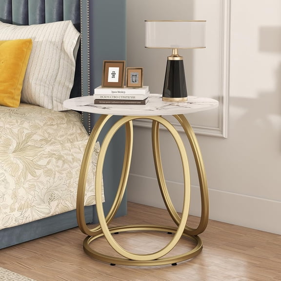 Round Side Table for Living Room, Gold End Table with Sintered Stone, Modern Marble Look Nightstand for Bedroom$$
