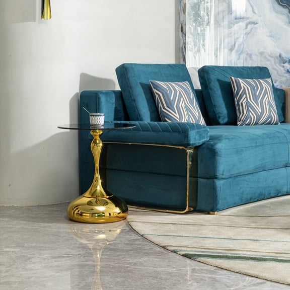 Round Side Table for Small Living Rooms - Tempered Glass Top with Metal and Gold Finish