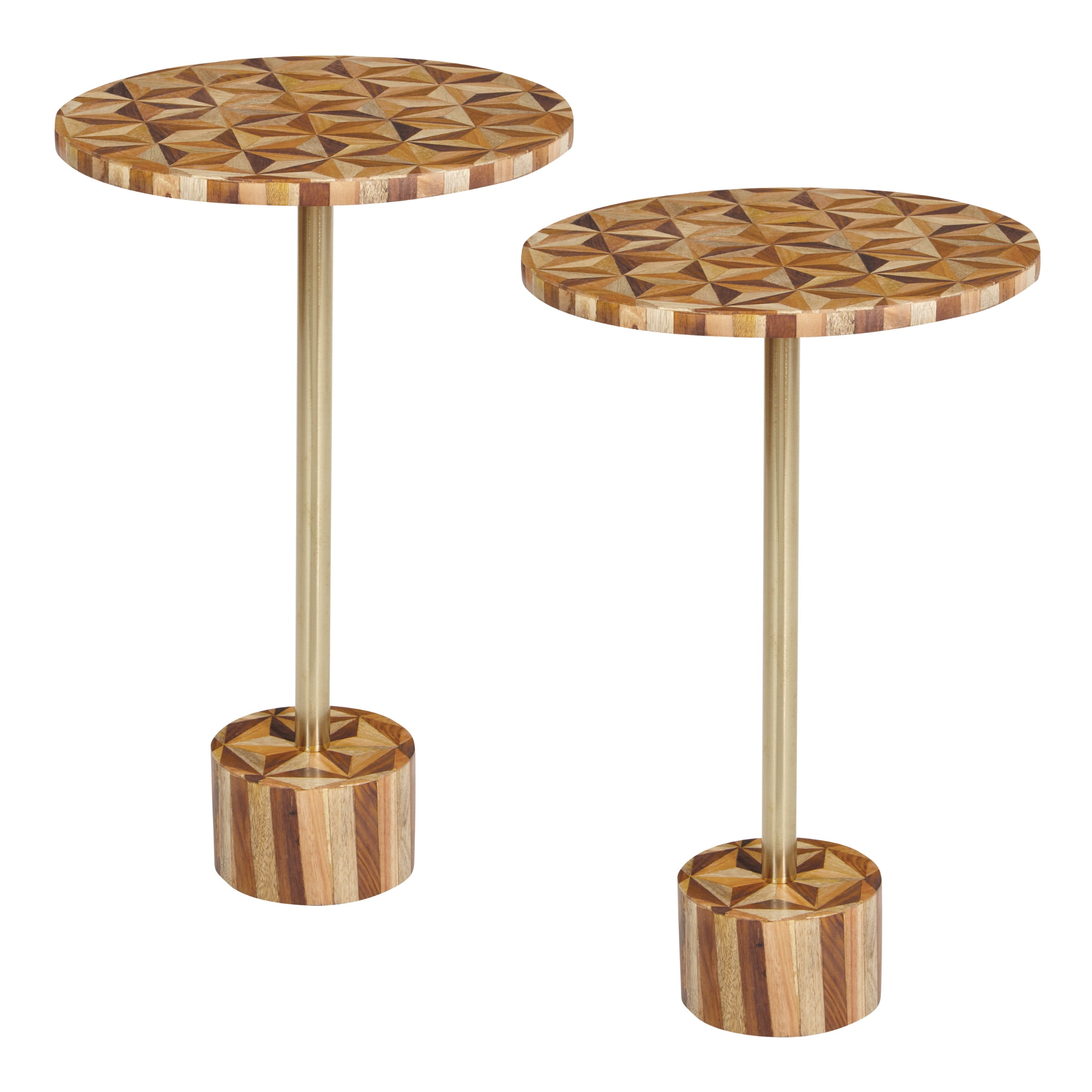 Round Mosaic Wood and Brass Side Table Set, 14" x 22"