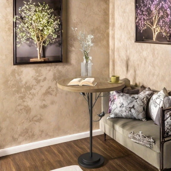 Round Side Table with Bird Motif Legs - 15.75" Vintage Industrial Accent Table for Living Room, Bedroom & Office, Natural Wood Top