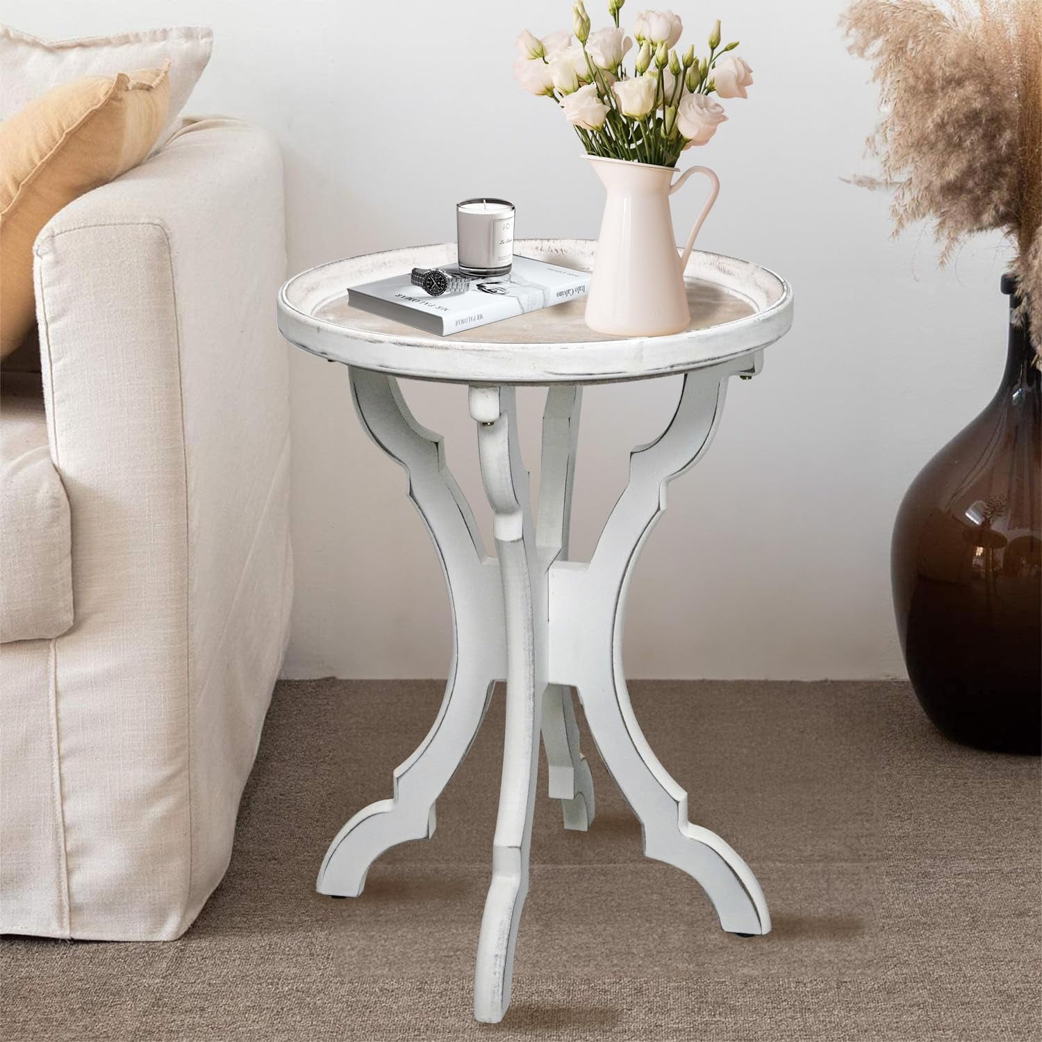 Round Side Table with Carved Tray Top,Farmhouse Small End Table with ...