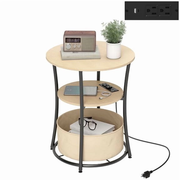 Round Side Table with Charging Station, 3-Tier End Table with Fabric Storage Bag and Shelf, Natural Wood