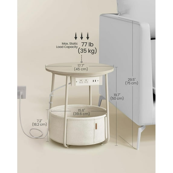 Round Side Table with Charging Station, Fabric Basket, AC Outlets & USB Ports, Cream White, Modern Nightstand for Living Room & Bedroom