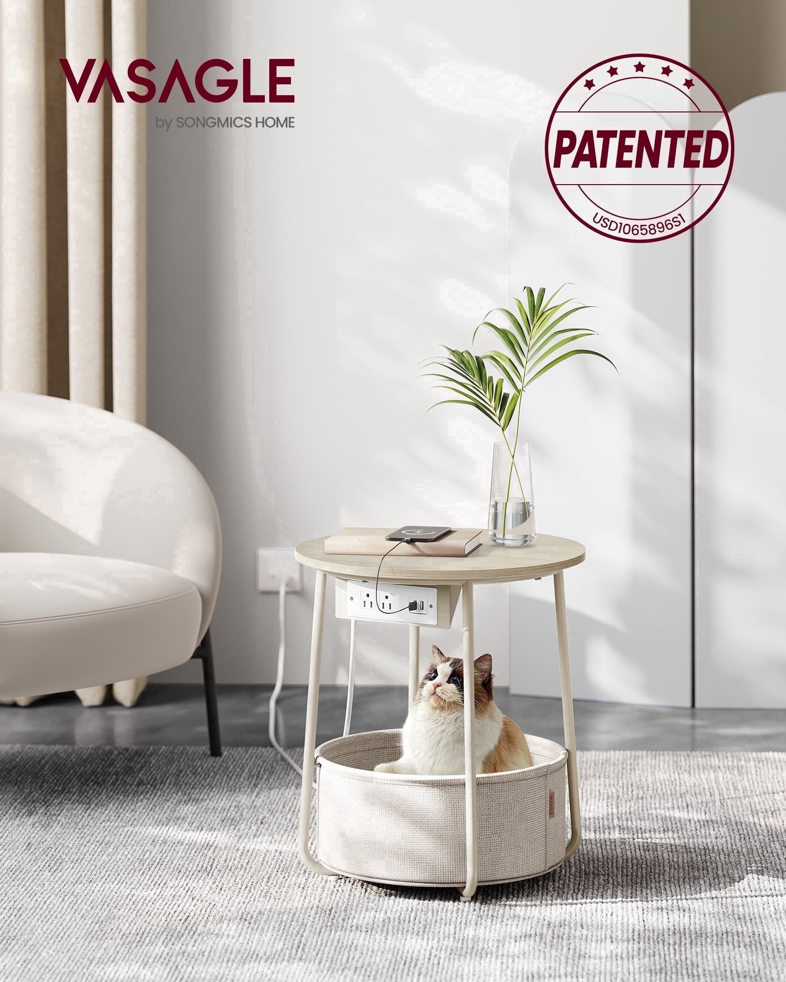 VASAGLE LILEA Collection - Side Table with Charging Station, Round End Table with Fabric Basket, Nightstand with USB Ports, for Living Room, Bedroom, Modern, Cream White