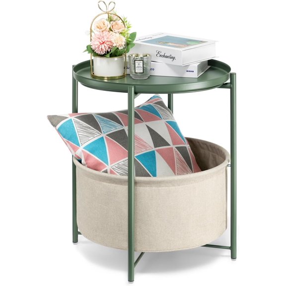 Round Side Table with Fabric Storage Basket, Metal Side Table Small Bedside Nightstand with Removable Tray for Living Room, Bedroom, , Dark Green