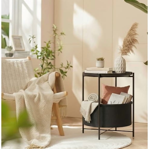 Round Side Table with Fabric Storage Basket, Metal Small Bedside Nightstand Removable Tray Top for Living Room, Bedroom, Nursery, Laundry, Ink Black