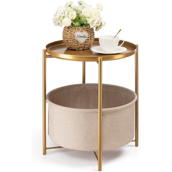 Round Side Table with Fabric Storage Basket, Side Small Bedside Table Nightstand with Removable Tray for Room, , , Bathroom,