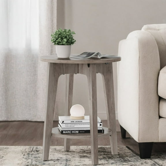 Round Side Table with Lower Shelf End Table for Small Spaces Nightstand Living Room Greige