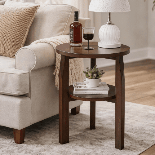 Round Side Table with Shelf, Solid Wood 2-Tier End Table for Small Spaces, Compact Accent Table Sofa End Table for Living Room, Bedroom
