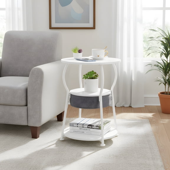 Round Side Table with Storage - 3-Tier Accent Table - Art Deco Design