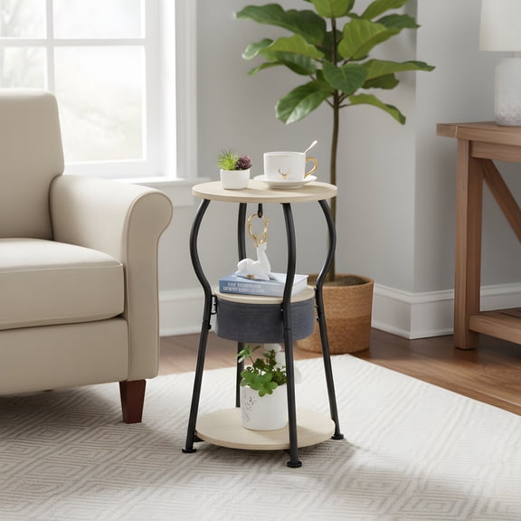 Round Side Table with Storage - 3-Tier End Table for Small Spaces
