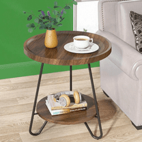 Round Side Table with Storage Shelf, Wood & Metal Frame, Anti-Drop Fence for Living Room/Bedroom/Nightstand
