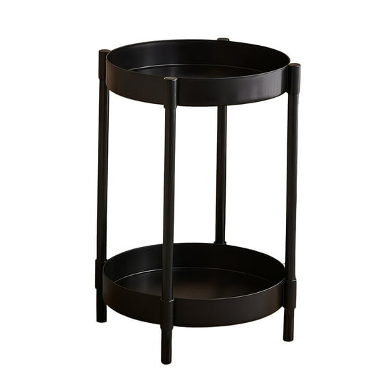 Round Side Table with Storage, Small End Table with Metal Frame and Wood Top, Modern Nightstand for Living Room and Bedroom ( 2-Tier / Black )