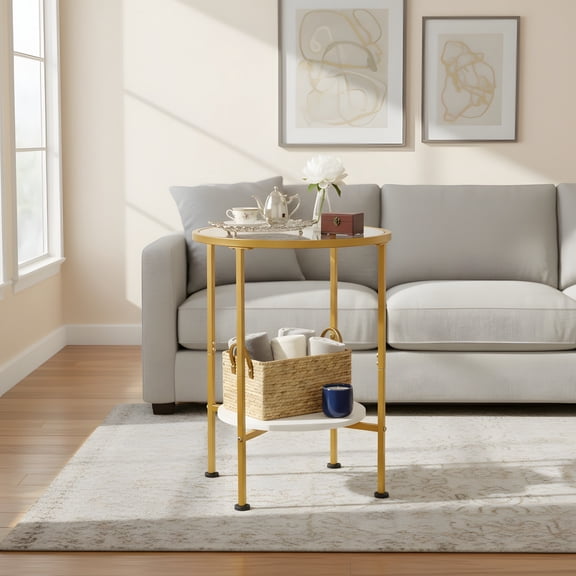 Round Side Table with Tempered Glass Top - Modern Accent Table for Living Room