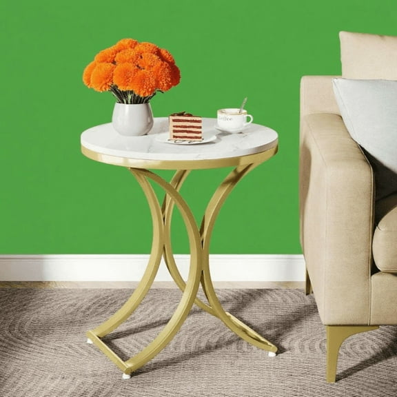 Round Side Table with White Marble Top & Gold Base, Small End Table for Sofa, Bedroom, Living Room