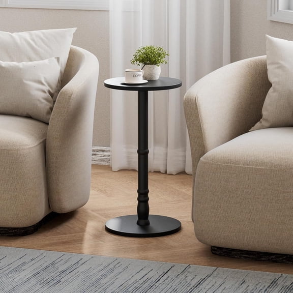 Round Side Tables Set of 2, Solid Wood Pillar with Wood Top & Base, Small Drink Accent Table for Living Room, Bedroom, Sofa & Office, Easy Assembly, Black