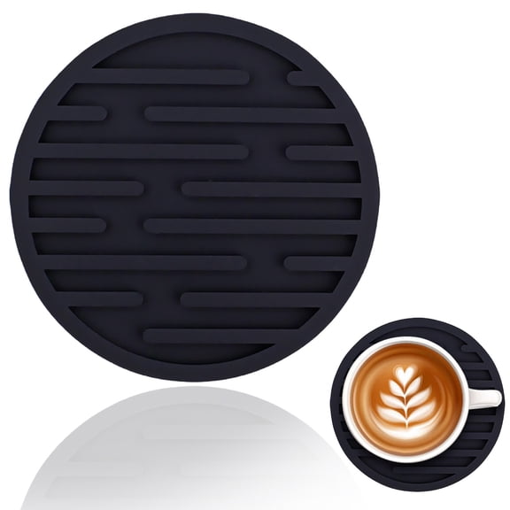 Round Silicone Drink Coasters 10cm Heat Resistant Non-Slip Table Mat with Spill-Proof Edge and Water Drainage for Tea Coffee Cups Mugs in Multiple Colors(Black)