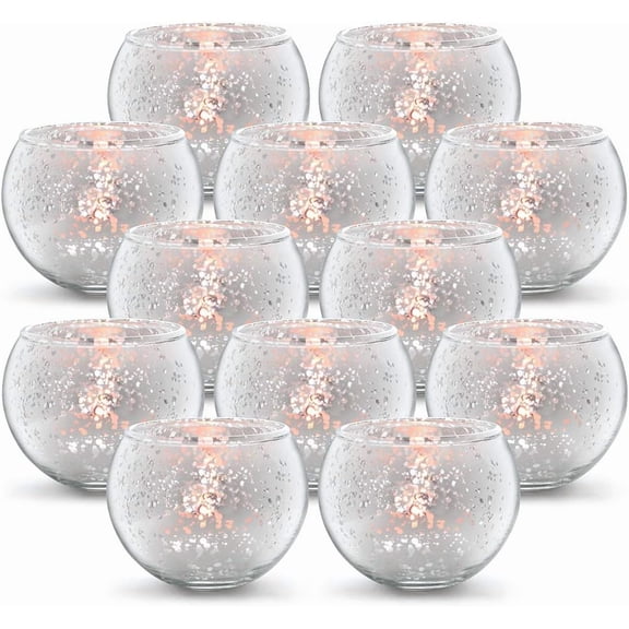 Round Silver Votive Candle Holders, Mercury Glass Votives Set of 12 | Tealight Candle Holder Bulk for Wedding Decor and Home Decor