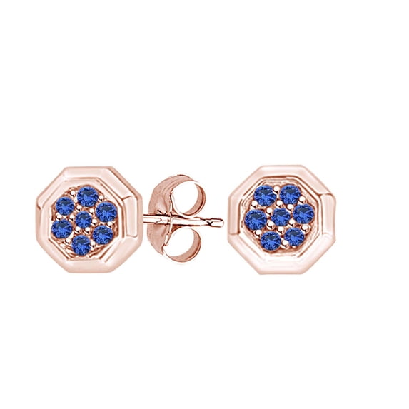 AFFY Round Simulated Blue Sapphire 14k Solid Rose Gold Octagon Shape Cluster Stud Earrings