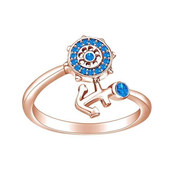 AFFY Round Simulated Blue Topaz 14k Rose Gold Over Sterling Silver Anchor & Rudder Ring