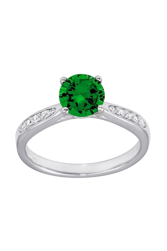 Round Simulated Emerald Cubic Zirconia Solitaire Ring Sterling Silver Size 9