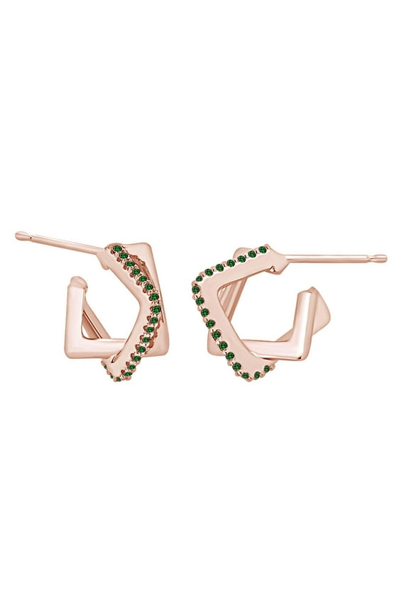 Round Simulated Emerald Interlocking Square Hoop Earrings 14k Solid Rose Gold
