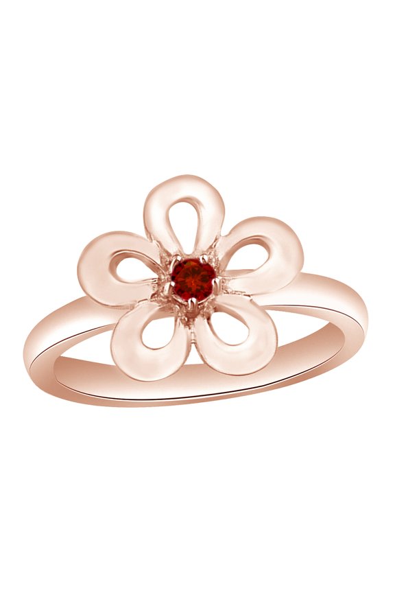 Round Simulated Garnet Flower Ring in 14k Rose Gold Over Sterling Silver Ring Size - 11.5