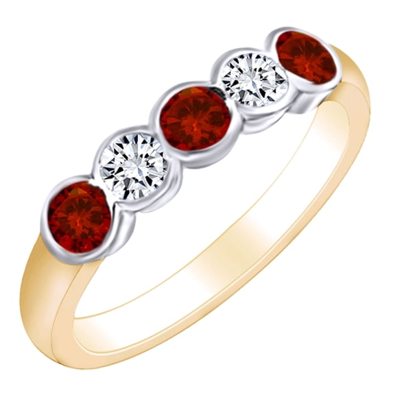 AFFY Round Simulated Garnet & White Natural Diamond Eternity Anniversary Wedding Band Ring In 14k Solid Yellow Gold Ring Size-8.5