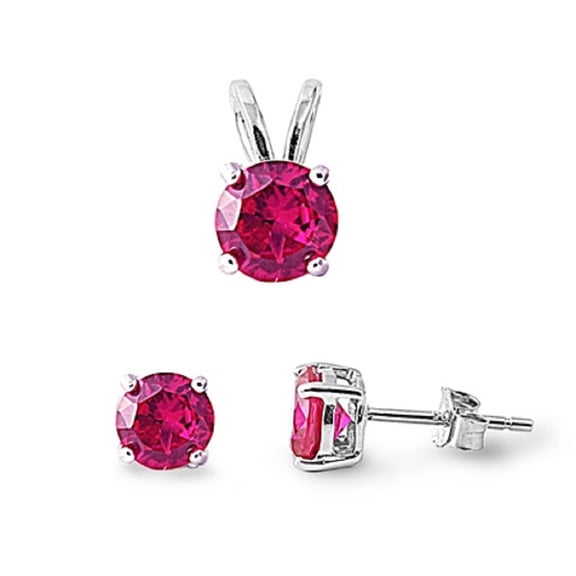Round Simulated Ruby Cubic Zirconia Matching Set Sterling Silver