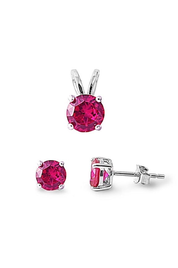 Round Simulated Ruby Cubic Zirconia Matching Set Sterling Silver