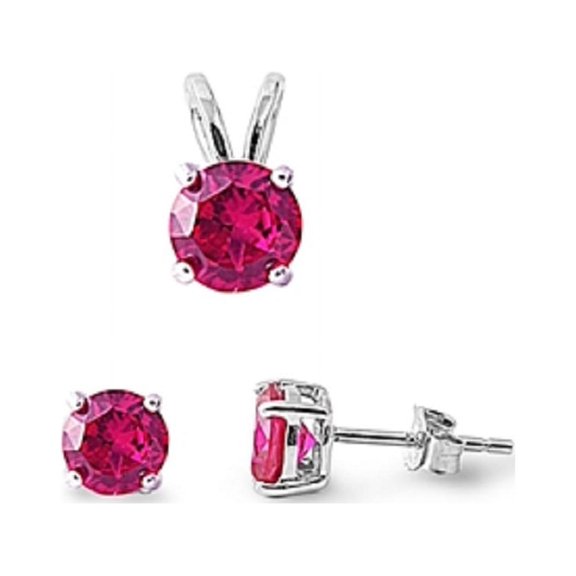Round Simulated Ruby Cubic Zirconia Matching Set Sterling Silver