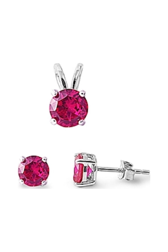 Round Simulated Ruby Cubic Zirconia Matching Set Sterling Silver