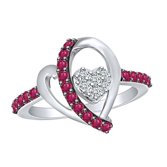 AFFY Round Simulated Ruby & White Cubic Zirconia Heart Promise Ring In 14k White Gold Over Sterling Silver Ring Size-7.5