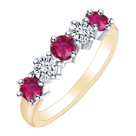 AFFY Round Simulated Ruby & White Natural Diamond Eternity Engagement Wedding Band Ring In 14k Solid Yellow Gold Ring Size-8.5