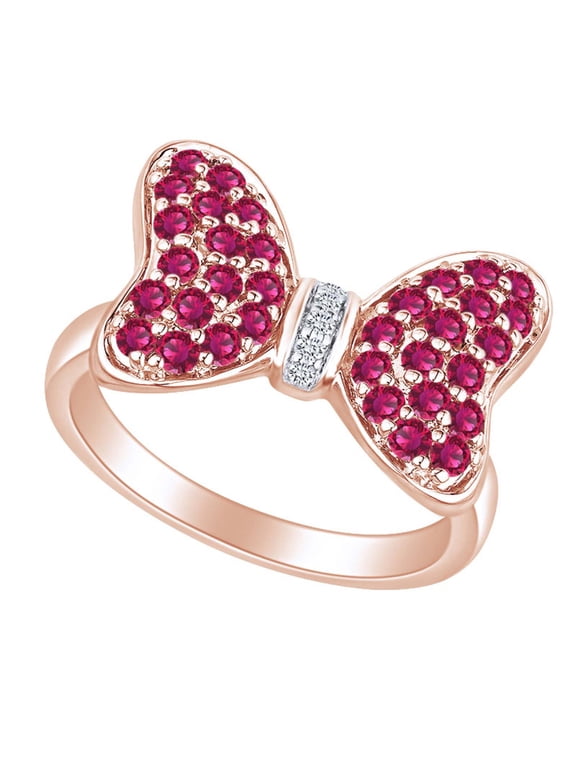 Round Simulated Ruby and White Natural Diamond Accent Mouse Bow Ring 10k Solid Rose Gold Ring Size-4