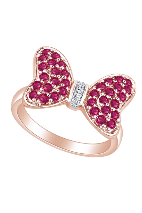 Round Simulated Ruby and White Natural Diamond Accent Mouse Bow Ring 10k Solid Rose Gold Ring Size-4