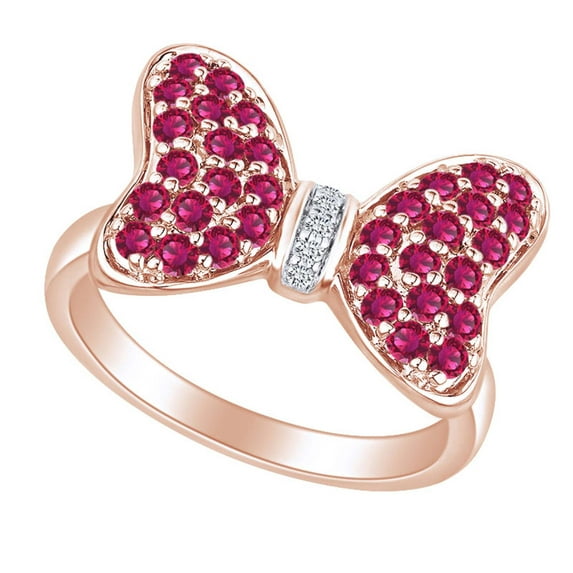 Round Simulated Ruby and White Natural Diamond Accent Mouse Bow Ring 10k Solid Rose Gold Ring Size-6.5