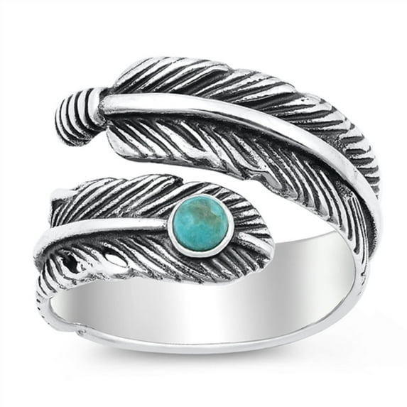 Round Simulated Turquoise Curvy Feather Ring Sterling Silver Size 8