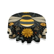 Round Single Sided Printed Tablecloth, 60 Inch Polyester Round Table Cover with White Lace Trim, Wrinkle Resistant Decorative Table Cloth for Home Beautiful Bumblebee Illustration