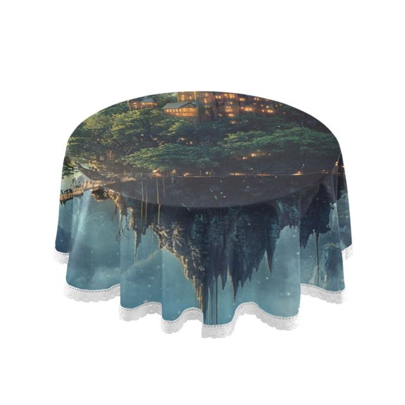 Round Single Sided Printed Tablecloth, 60 Inch Polyester Round Table Cover with White Lace Trim, Wrinkle Resistant Decorative Table Cloth for Home Beautiful Magic Castle