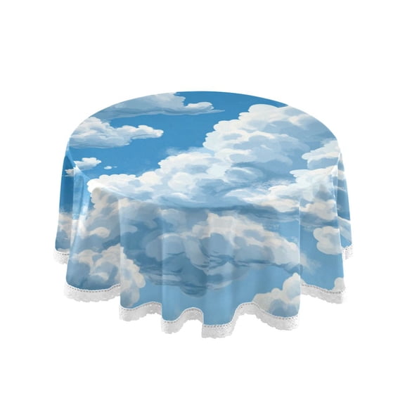 Round Single Sided Printed Tablecloth, 60 Inch Polyester Round Table Cover with White Lace Trim, Wrinkle Resistant Decorative Table Cloth for Home Blue Sky and White Clouds