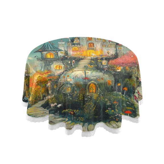 Round Single Sided Printed Tablecloth, 60 Inch Polyester Round Table Cover with White Lace Trim, Wrinkle Resistant Decorative Table Cloth for Home Cute Magic House
