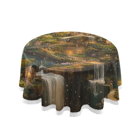 Round Single Sided Printed Tablecloth, 60 Inch Polyester Round Table Cover with White Lace Trim, Wrinkle Resistant Decorative Table Cloth for Home Magic Castle