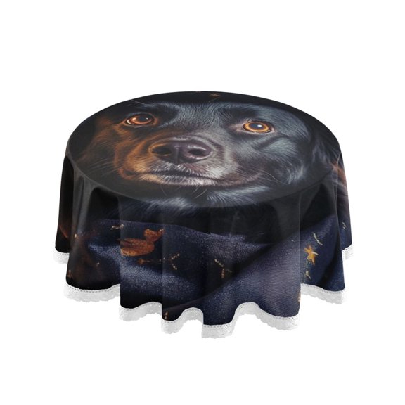 Round Single Sided Printed Tablecloth, 60 Inch Polyester Round Table Cover with White Lace Trim, Wrinkle Resistant Decorative Table Cloth for Home Magic Hatted Dog