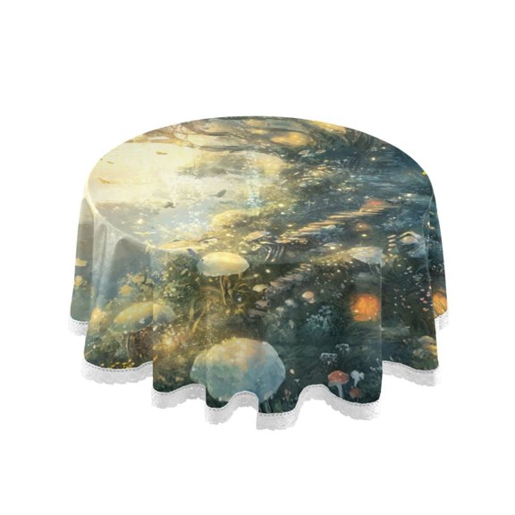 Round Single Sided Printed Tablecloth, 60 Inch Polyester Round Table Cover with White Lace Trim, Wrinkle Resistant Decorative Table Cloth for Home Magic Tree