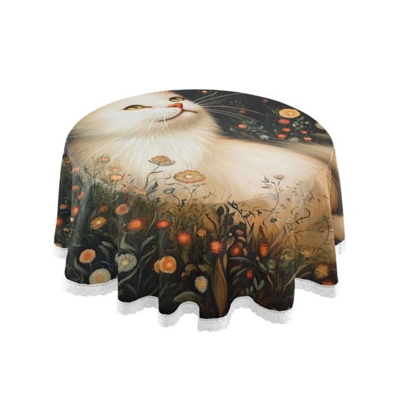 Round Single Sided Printed Tablecloth, 60 Inch Polyester Round Table Cover with White Lace Trim, Wrinkle Resistant Decorative Table Cloth for Home Magic White Cat