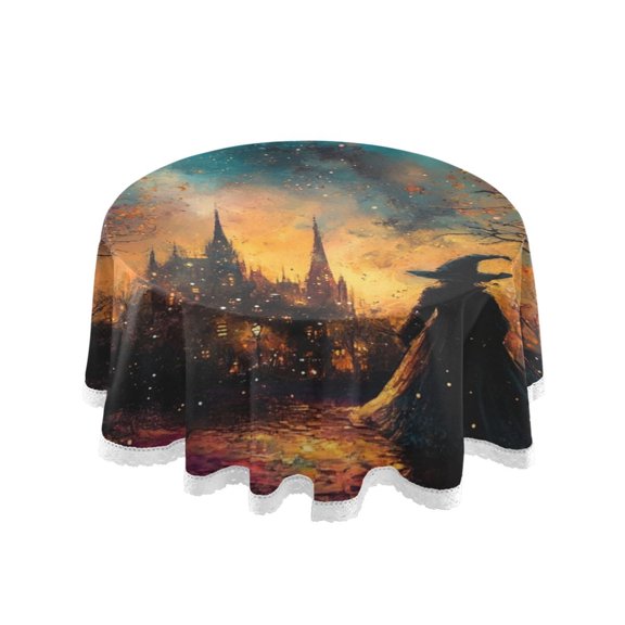 Round Single Sided Printed Tablecloth, 60 Inch Polyester Round Table Cover with White Lace Trim, Wrinkle Resistant Decorative Table Cloth for Home Magic Witch