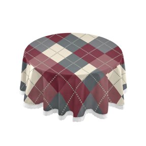 Round Single Sided Printed Tablecloth, 60 Inch Polyester Round Table Cover with White Lace Trim, Wrinkle Resistant Decorative Table Cloth for Home Maroon Argyle Interlock