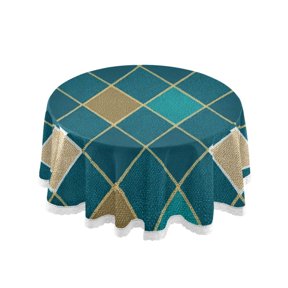 Round Single Sided Printed Tablecloth, 60 Inch Polyester Round Table Cover with White Lace Trim, Wrinkle Resistant Decorative Table Cloth for Home Teal Argyle Pattern
